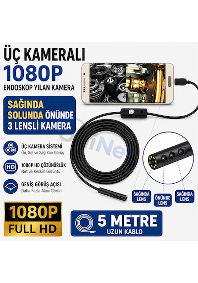 Uninet Türkiyede Ilk 5 Metre 3 Kameralı Android Ve Bilgisayar Uyumlu Endoskop Yılan Kamera 1080p Full Hd