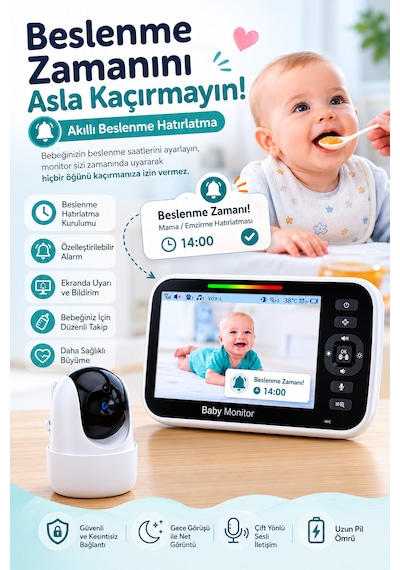 Bebek Kamerası Lcd Ekranlı 5'' İnç Gece Görüşlü Ninni Söyleyen Ağlama Sensörlü Bebek Odası Kamerası