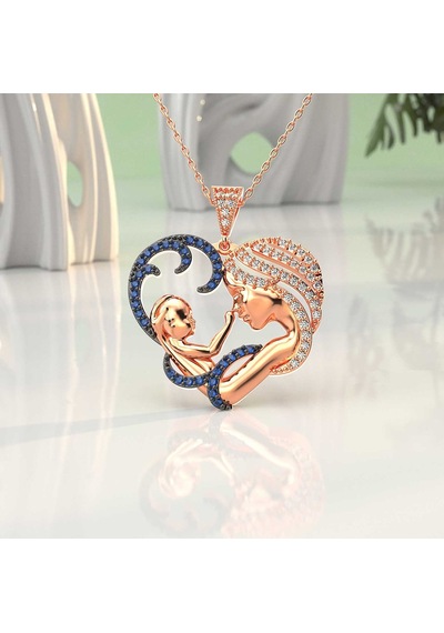 İndigo Takı Safir Taşlı Kalpli Anne Bebek Rose Gümüş Kolye