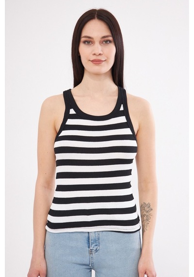 Mea Capio Kadın Siyah Beyaz Çizgili Fitilli Likralı T-shirt Halter Yaka Örme Atlet Siyah - Siyah