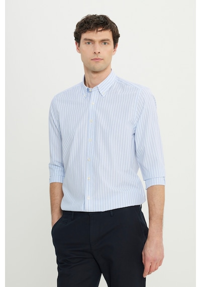 Ac&co Erkek Beyaz Mavı Slim Fit Dar Kesim Klasik Yaka Pamuklu Armürlü Gömlek