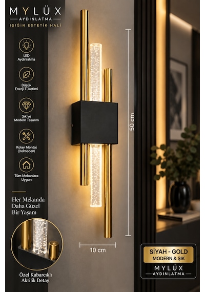 Mylüx Kabarcıklı Kirpi Aplik Siyah Gold 220v Elektrikli Led 50 Cm Modern Dekoratif Duvar Aydınlatma Siyah Siyah