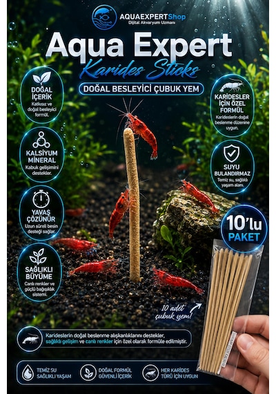 Aqua Expert Karides Sticks Karides Yemi 10 Lu Paket Doğal Besleyici Çubuk Yem Özel Formül - Kalsiyum Mineral