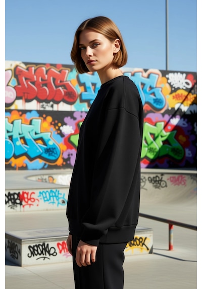 Benerly Kadın Bisiklet Yaka Düşük Kol Oversize Kalın Örme Sweatshirt Fonk siyah