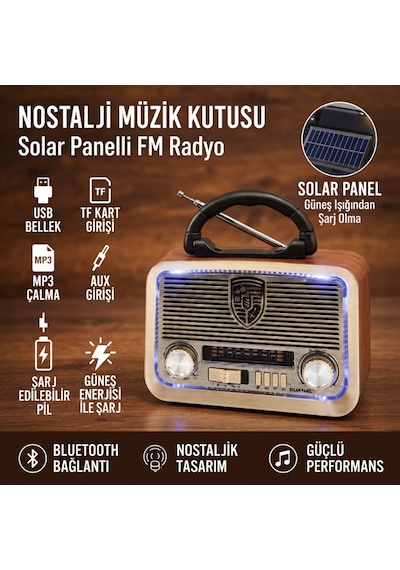 Büro Ev Ofis si İçin Solar Şarjlı Led Fenerli Bt Retro Fm Radyo