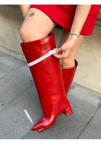 Erva'nın Butiği Kırmızı Cilt Losy Xl Geniş Konç Kalın Bacak 5 Cm Topuklu Çizme-6412