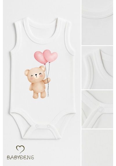 Babyden's 3 Lü Bebek Body Seti %100 Pamuk Ayıcık Desenli Unisex Bebek Body Kolsuz Çıtçıtlı Zıbın Beyaz