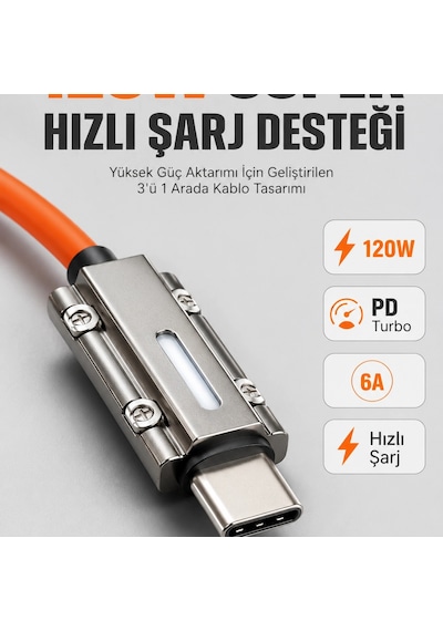Led Göstergeli 120w Pd Turbo Destekli Premium 3'ü 1 Arada Şarj Kablosu