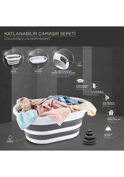 Katlanabilir Çamaşır Sepeti Gri Mega Boy 38 Lt Silikon Akordiyon Sepet, Katlanabilir Çamaşır Se
