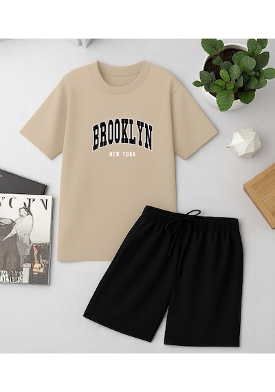 Uyguntarz Unisex Brooklyn Baskılı Tasarım Şort Takım Bej