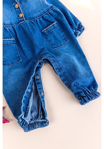 Babymod Bebe Yaka Denim Cep Detaylı Kız Bebek Kot Tulum mavi