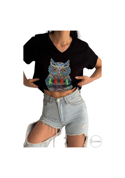 Cassime Kadın Siyah Baykuş Desenli Pul Payet İşlemeli Büyük Beden %100 Pamuk Tişört Xl-2xl-3xl Cassime Kadın Siyah Baykuş Desenli Pul Payet İşlemeli Büyük Beden %100 Pamuk Tişört Xl-2xl-3xl