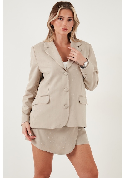 Lela Taşlı Regular Fit Broş Detaylı Ceket-Şort Etek Bayan Takım 6839618 Taş