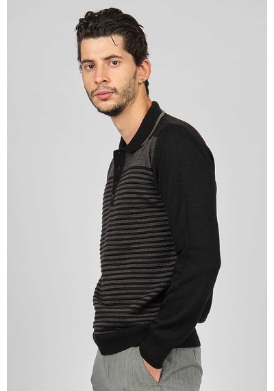 Desen Triko Erkek Desenli Polo Yaka Yün Kazak 0249642 Siyah