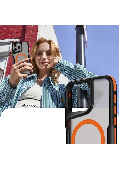 Apple Uyumlu iPhone 14 Pro Max Kılıf M-safe Şarj Özellikli Renkli Kenar Airbag Şeritli Lamer Kılıf Turuncu