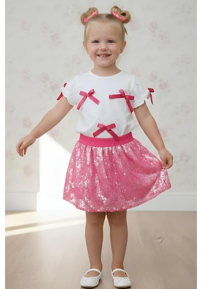My Kids Wear Kız Çocuk Fiyonk Detaylı Payet Etekli Şık Takım 3-10 Yaş 12503 Açık Pembe