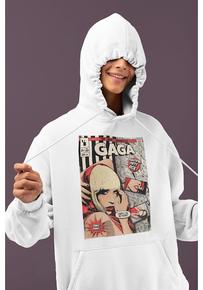 Sevbano Lady Gaga Tasarım Baskılı Unisex Oversize Şarkıcı Hoodie beyaz