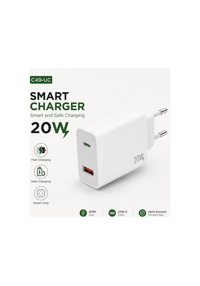 C49-uc Smart Charger 20w Usb Ve Type C Girişli Hızlı Şarj Destekli Şarj Adaptörü Fast Charging Smart Chip Safe Charging Adaptör Başlık C49-uc Smart Charger 20w Usb Ve Type C Girişli Hızlı Şarj Destekli Şarj Adaptörü Fast Charging Smart Chip Safe Charging Adaptör Başlık