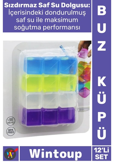 Buzküpü Hijyenik Ekolojik Sağlıklı Bpa Free Soğutucu Su Dolu Şık Renkli Plastik 12'li Buz Küpü Seti Diğer