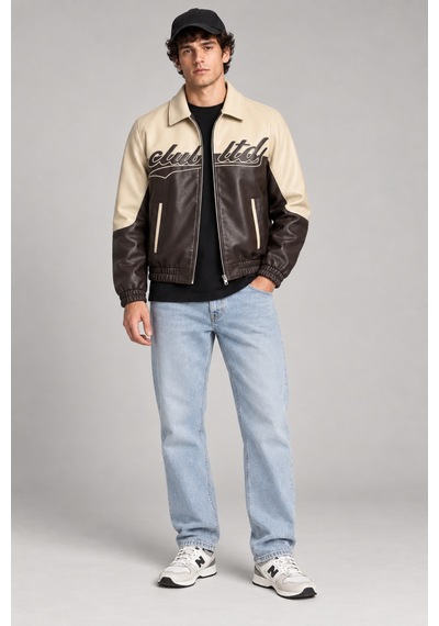 Maison Rae Erkek Kahverengi, İçi Kürklü, Çift Renkli, Yazı Detaylı,oversize Suni Deri Bomber Ceket