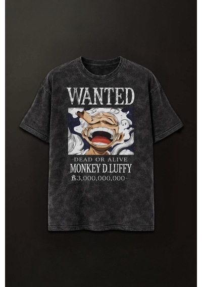 Technomonkey Anime One Piece Luffy Gear 5 Wanted Unisex Yıkamalı Retro Tişört Siyah
