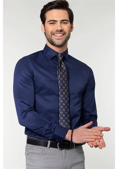 Tudors Slim Fit Dar Kesim Düz Erkek Gömlek-19031 Lacivert