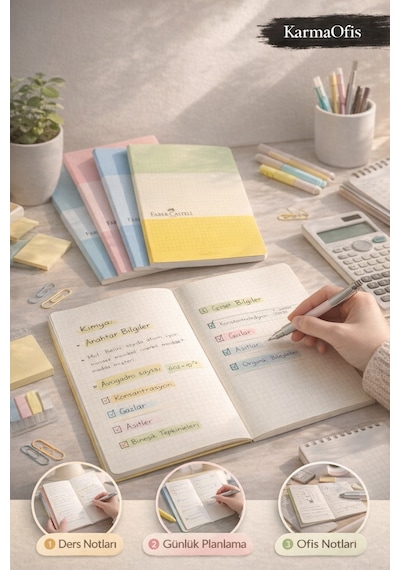 A5 Pastel Defter Seti 4'lü 100 Yaprak Kareli A5 Defter Pastel Renkli Okul Ofis Not Defteri