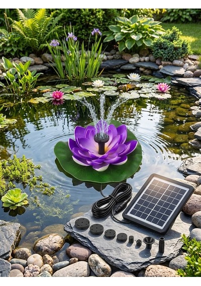 Güneş Enerjili Mor Lotus Çiçekli Solar Fıskiye - Dekoratif Bahçe Süs Havuzu - Havuz Süsü
