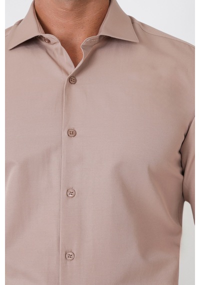 Slim Fit Pamuk Saten Klasik Bej Gömlek Gk 604