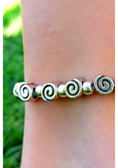 Antik Gümüş Kaplama Spiral Şekilli El Yapımı Kadın Halhal Gümüş