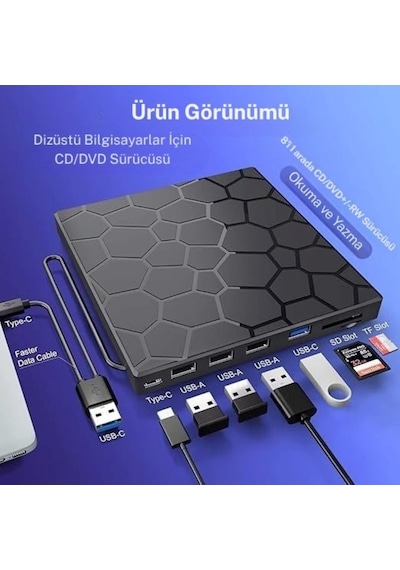 Techtic 8 Si 1 Arada Harici Cd Dvd Yazıcı Usb 3.0 Type-c Çoklu Usb Hub, Sd/tf Kart Okuyucu, Taşınabilir Optik Sürücü
