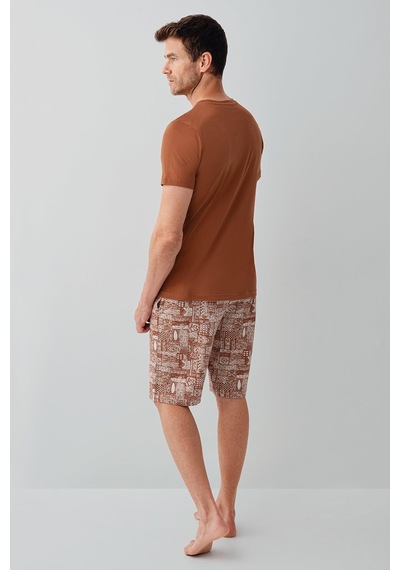 Arnetta Premium Erkek Cool Summer Rahat Kalıp %100 Pamuk Kısa Kollu Şortlu Aile Pijama Takım Kiremit