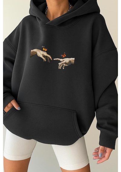 Benroma 3 İplik Penye El Parmak Unisex Kapüşonlu Sweat SIYAH