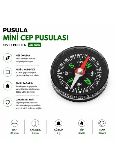 Pusula - Mini Cep Pusulası - Sıvılı Pusula 30 Mm