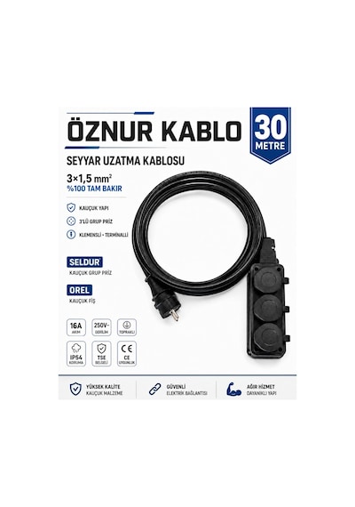 Öznur Kablo Seyyar Uzatma Kablosu 30 Metre Ttr 3x1,5 Mm %100 Tam Bakır Kablo Seldur 3'lü Kauçuk Grup Priz Orel Kauçuk Fiş Ip54 Ip44 30 M
