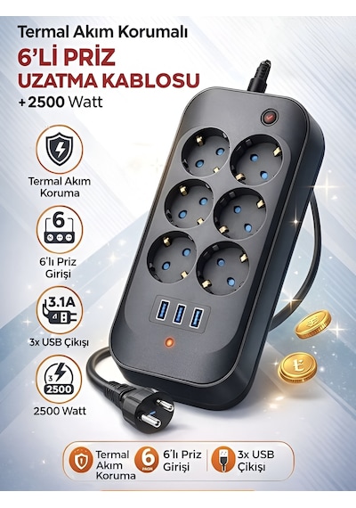 Ftr11 3xusb 6xsoket Termal Akım Korumalı 2 Metre Uzatma Kablolu A