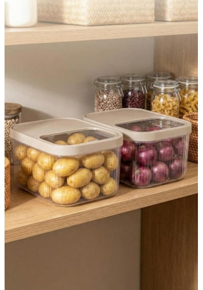 2'li 12 Lt Multibox Vizon Kayar Kapaklı Saklama Kabı & Erzak Kabı & Patates Soğan Kovası Beyaz