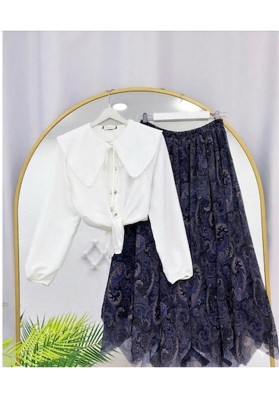 Lovie Moda Kadın Beyaz Gömlekli Tül Etek Takım - Lacivert Bordo