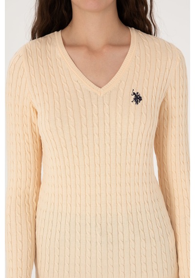 U.S. Polo Assn. Kadın Yavruağzı V yaka Basic Kazak 50313625-VR053