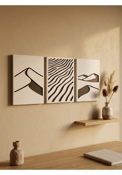 Desert Trilogy 3'lü Duvar Sanatı Seti - Modern Soyut Kum Tepesi Ve Rüzgar Dalgaları Motifli Kazıma Tablo, Organik Minimalist Oyma Tablo Seti