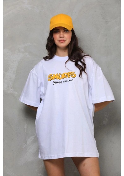 Freedom Store Kadın Bisiklet Yaka Baskılı Oversize T-shirt - Beyaz