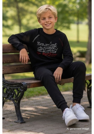 Pina Kids Erkek Çocuk İki İplik Baskılı Beli Lastikli Eşofman Takımı Esf7029 Siyah - Siyah