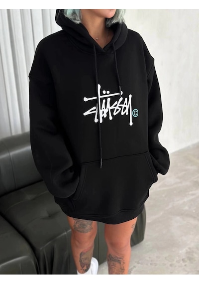 Erkek Tam Fermuarlı Cepli Kapüşonlu 3 İplik Pamuklu Hoodie Sweatshirt - Siyah Siyah