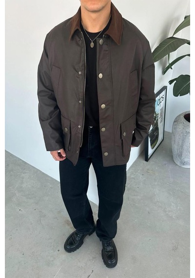 Kahverengi Waxed Çıt Çıt Cep Detay Oversize Ceket Kahverengi