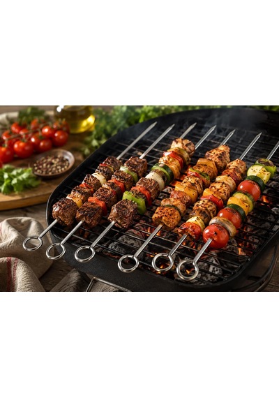 10'lu Paslanmaz Çelik Mangal Şişi Seti 20 Cm Halka Saplı Barbekü, Kebap, Et, Tavuk Ve Sebze Şiş Seti
