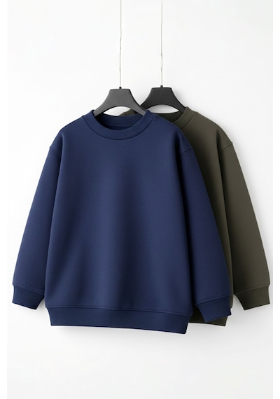 Zuzunga 2'li Basic Şardonlu Çocuk Sweatshirt Haki - Lacivert 9003