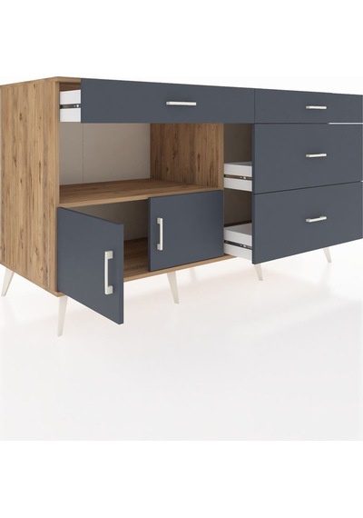 Kronos Konsol Tek Raflı 4 Çekmeceli 2 Kapaklı 176x59x99 Çam-antra Çam-antrasit