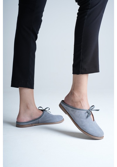 Analin Shoes Kadın Hakiki Deri Fiyonk Detaylı Düz Terlik Gri