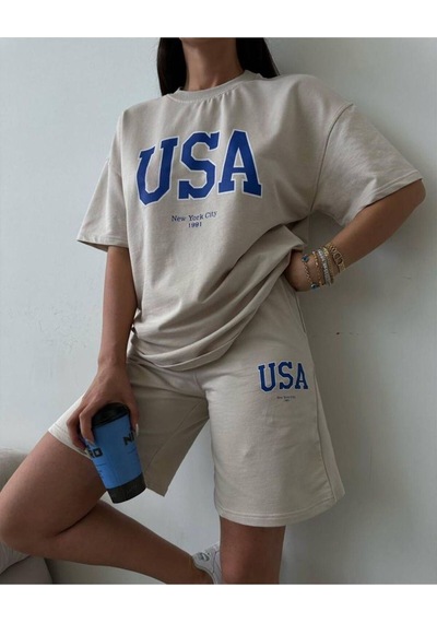 Usa T-shirt Şort - Alt Üst Takım Şort Tişört Kombin Baskılı Bisiklet Yaka Bej