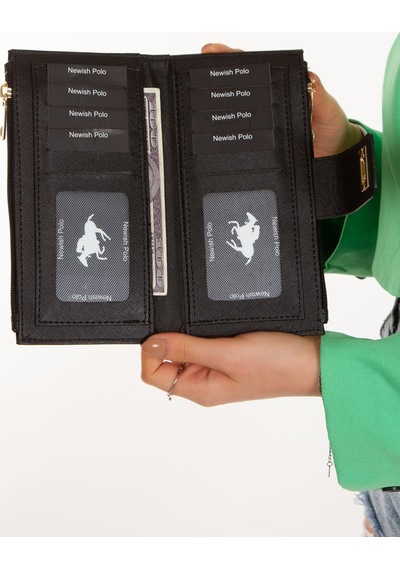 Newısh Polo Accessorıes Kadın Siyah Vegan Deri Para Kart Telefon Bölmeli Bilek Askılı Cüzdan Kartlık Portföy Siyah
